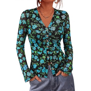 BTFBM Button Down Shirts for Women Fall Outfits 2026 Mesh Floral Boho Tops(Black Blue Flower)