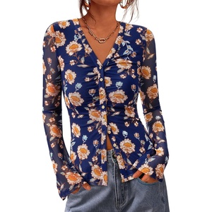 BTFBM Button Down Shirts for Women Fall Outfits 2026 Mesh Floral Boho Tops(Blue)