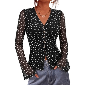 BTFBM Button Down Shirts for Women Fall Outfits 2026 Mesh Floral Boho Tops(Polka Dot Black White)
