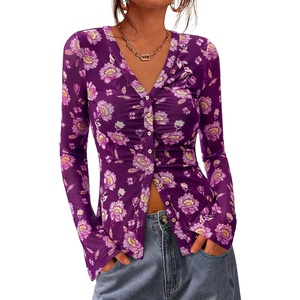 BTFBM Button Down Shirts for Women Fall Outfits 2026 Mesh Floral Boho Tops(Purple)