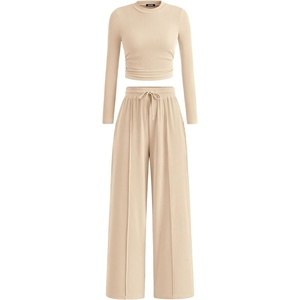 BTFBM Casual Ribbed 2 Piece Sets For Women Fall 2026(Beige)