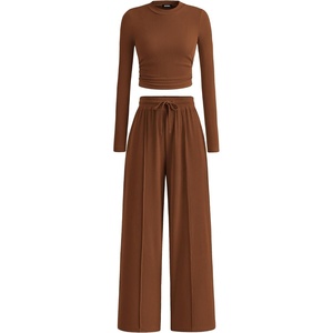BTFBM Casual Ribbed 2 Piece Sets For Women Fall 2026(Brown)