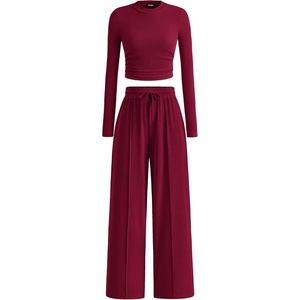 BTFBM Casual Ribbed 2 Piece Sets For Women Fall 2026(Burgundy)