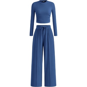 BTFBM Casual Ribbed 2 Piece Sets For Women Fall 2026(Dark Blue)