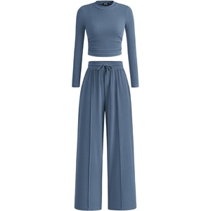 BTFBM Casual Ribbed 2 Piece Sets For Women Fall 2026(Dusty Blue)