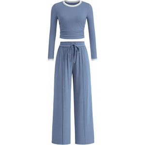 BTFBM Casual Ribbed 2 Piece Sets For Women Fall 2026(Dusty Blue White)