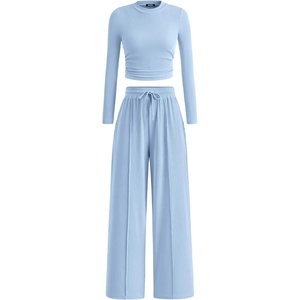 BTFBM Casual Ribbed 2 Piece Sets For Women Fall 2026(Light Blue)