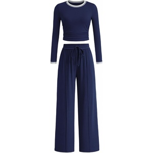 BTFBM Casual Ribbed 2 Piece Sets For Women Fall 2026(Navy Blue White)