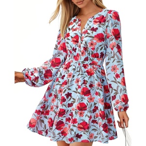 BTFBM Fall Dresses for Women 2026 Trendy Floral Long Sleeve Mini Dress(Blue Red Flower)