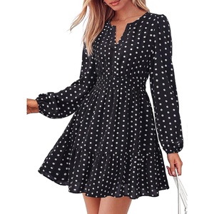 BTFBM Fall Dresses for Women 2026 Trendy Floral Long Sleeve Mini Dress(Dot Black White)