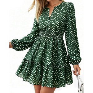 BTFBM Fall Dresses for Women 2026 Trendy Floral Long Sleeve Mini Dress(Dot Green White)