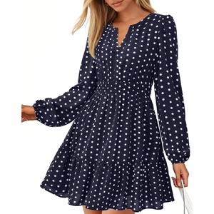 BTFBM Fall Dresses for Women 2026 Trendy Floral Long Sleeve Mini Dress(Dot Navy White)