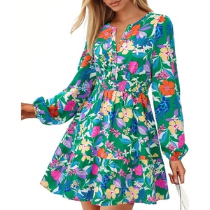 BTFBM Fall Dresses for Women 2026 Trendy Floral Long Sleeve Mini Dress(Green Orange Flower)