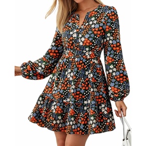 BTFBM Fall Dresses for Women 2026 Trendy Floral Long Sleeve Mini Dress(Multi Black)