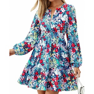 BTFBM Fall Dresses for Women 2026 Trendy Floral Long Sleeve Mini Dress(Multi Blue)