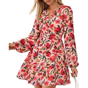 BTFBM Fall Dresses for Women 2026 Trendy Floral Long Sleeve Mini Dress(Orange Pink Red Flower)
