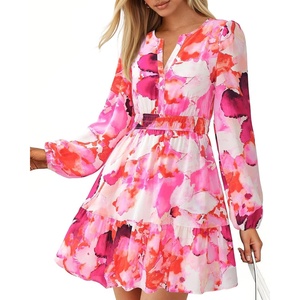 BTFBM Fall Dresses for Women 2026 Trendy Floral Long Sleeve Mini Dress(Red)