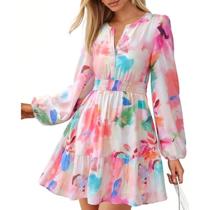 BTFBM Fall Dresses for Women 2026 Trendy Floral Long Sleeve Mini Dress(Watercolour Pink)
