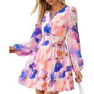 BTFBM Fall Dresses for Women 2026 Trendy Floral Long Sleeve Mini Dress(Watercolour Purple)