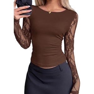 BTFBM Lace Long Sleeve Tops for Women Fall Clothes 2026 Sexy Sheer Blouses(Brown)