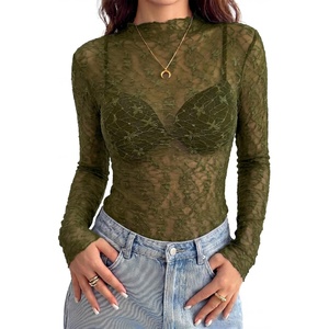 BTFBM Mesh Lace Long Sleeve Tops for Women 2026 Fall Shirts Sexy Sheer Tops(Army Green)