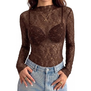 BTFBM Mesh Lace Long Sleeve Tops for Women 2026 Fall Shirts Sexy Sheer Tops(Brown)