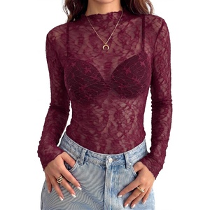 BTFBM Mesh Lace Long Sleeve Tops for Women 2026 Fall Shirts Sexy Sheer Tops(Burgundy)