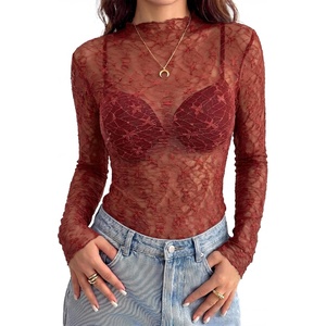 BTFBM Mesh Lace Long Sleeve Tops for Women 2026 Fall Shirts Sexy Sheer Tops(Burnt Orange)