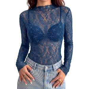 BTFBM Mesh Lace Long Sleeve Tops for Women 2026 Fall Shirts Sexy Sheer Tops(Dark Blue)