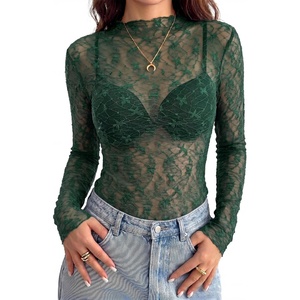 BTFBM Mesh Lace Long Sleeve Tops for Women 2026 Fall Shirts Sexy Sheer Tops(Dark Green)
