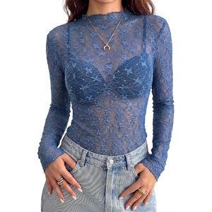 BTFBM Mesh Lace Long Sleeve Tops for Women 2026 Fall Shirts Sexy Sheer Tops(Grey Blue)