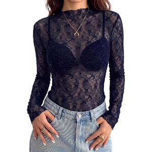 BTFBM Mesh Lace Long Sleeve Tops for Women 2026 Fall Shirts Sexy Sheer Tops(Navy Blue)