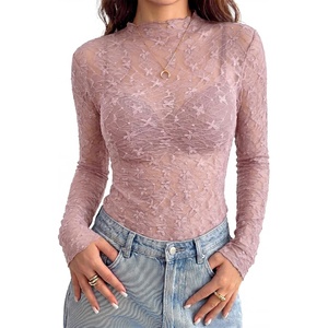 BTFBM Mesh Lace Long Sleeve Tops for Women 2026 Fall Shirts Sexy Sheer Tops(Pink)