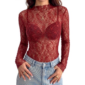 BTFBM Mesh Lace Long Sleeve Tops for Women 2026 Fall Shirts Sexy Sheer Tops(Red)