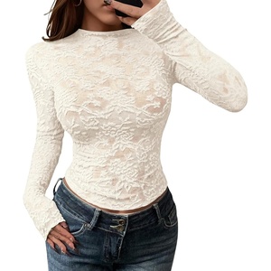 BTFBM Mesh Long Sleeve Tops for Women Sexy Lace Sheer(Beige)