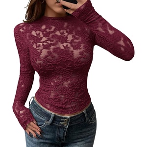 BTFBM Mesh Long Sleeve Tops for Women Sexy Lace Sheer(Burgundy)