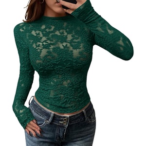 BTFBM Mesh Long Sleeve Tops for Women Sexy Lace Sheer(Dark Green)