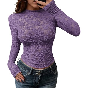 BTFBM Mesh Long Sleeve Tops for Women Sexy Lace Sheer(Dusty Violet)