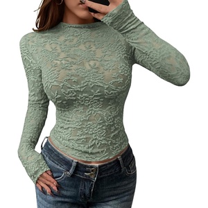 BTFBM Mesh Long Sleeve Tops for Women Sexy Lace Sheer(Green)
