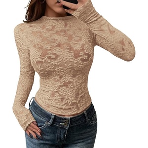 BTFBM Mesh Long Sleeve Tops for Women Sexy Lace Sheer(Khaki)