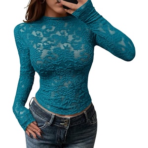 BTFBM Mesh Long Sleeve Tops for Women Sexy Lace Sheer(Lake Blue)