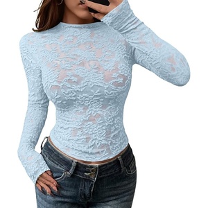 BTFBM Mesh Long Sleeve Tops for Women Sexy Lace Sheer(Light Blue)