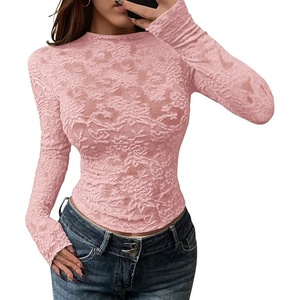 BTFBM Mesh Long Sleeve Tops for Women Sexy Lace Sheer(Pink)