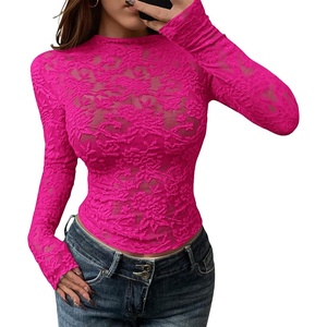 BTFBM Mesh Long Sleeve Tops for Women Sexy Lace Sheer(Rose Red)