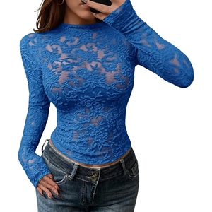 BTFBM Mesh Long Sleeve Tops for Women Sexy Lace Sheer(Royal Blue)
