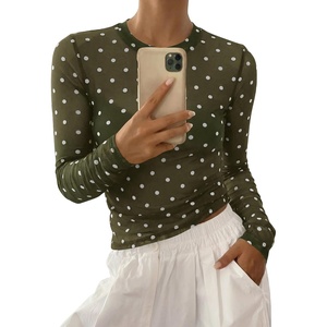 BTFBM Polka Dot Top Long Sleeve Shirts for Women(Polka Dot Army Green White)