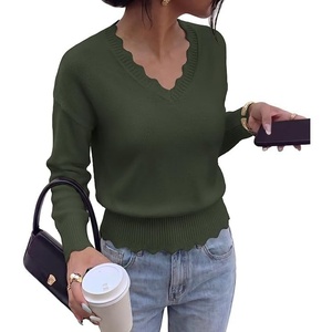 BTFBM Womens Fall Long Sleeve V Neck Sweaters Lightweight Ribbed Knit Tops(Army Green)