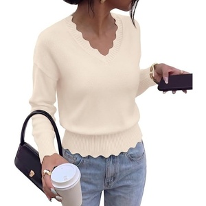 BTFBM Womens Fall Long Sleeve V Neck Sweaters Lightweight Ribbed Knit Tops(Beige)