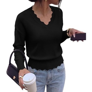 BTFBM Womens Fall Long Sleeve V Neck Sweaters Lightweight Ribbed Knit Tops(Black)