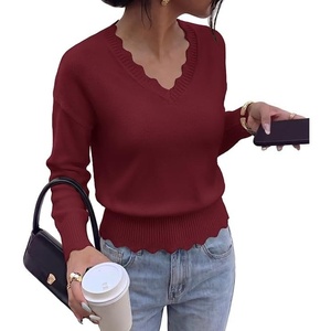 BTFBM Womens Fall Long Sleeve V Neck Sweaters Lightweight Ribbed Knit Tops(Burgundy)